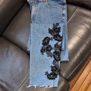Express Blue Jeans with Black Floral Detail